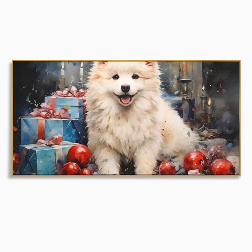 Tablou canvas cu tablou canvas cu catel samoyed, in rama de aluminiu auriu