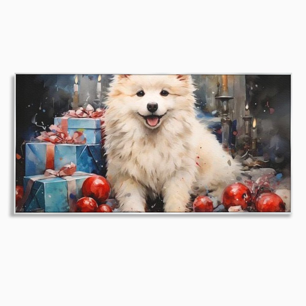 Tablou canvas cu tablou canvas cu catel samoyed, in rama de aluminiu argintiu