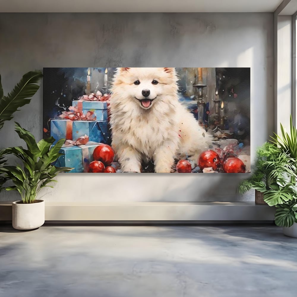 Tablou canvas cu tablou canvas cu catel samoyed, fara rama, pe sasiu de lemn