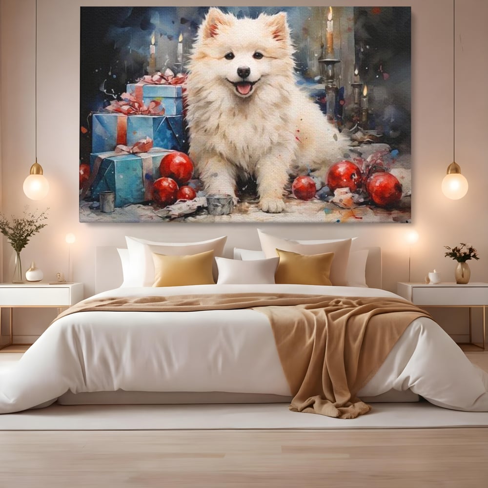 Tablou canvas cu tablou canvas cu catel samoyed, fara rama, pe sasiu de lemn, pe perete intr-un dormitor