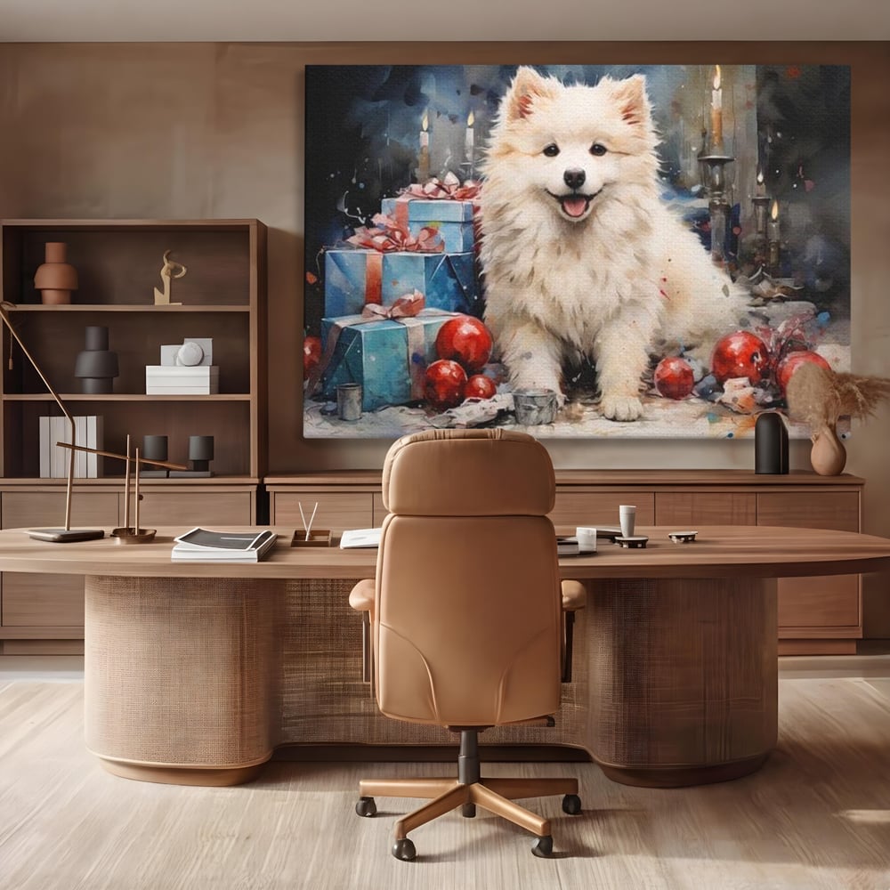 Tablou canvas cu tablou canvas cu catel samoyed, fara rama, pe sasiu de lemn, pe perete intr-un birou