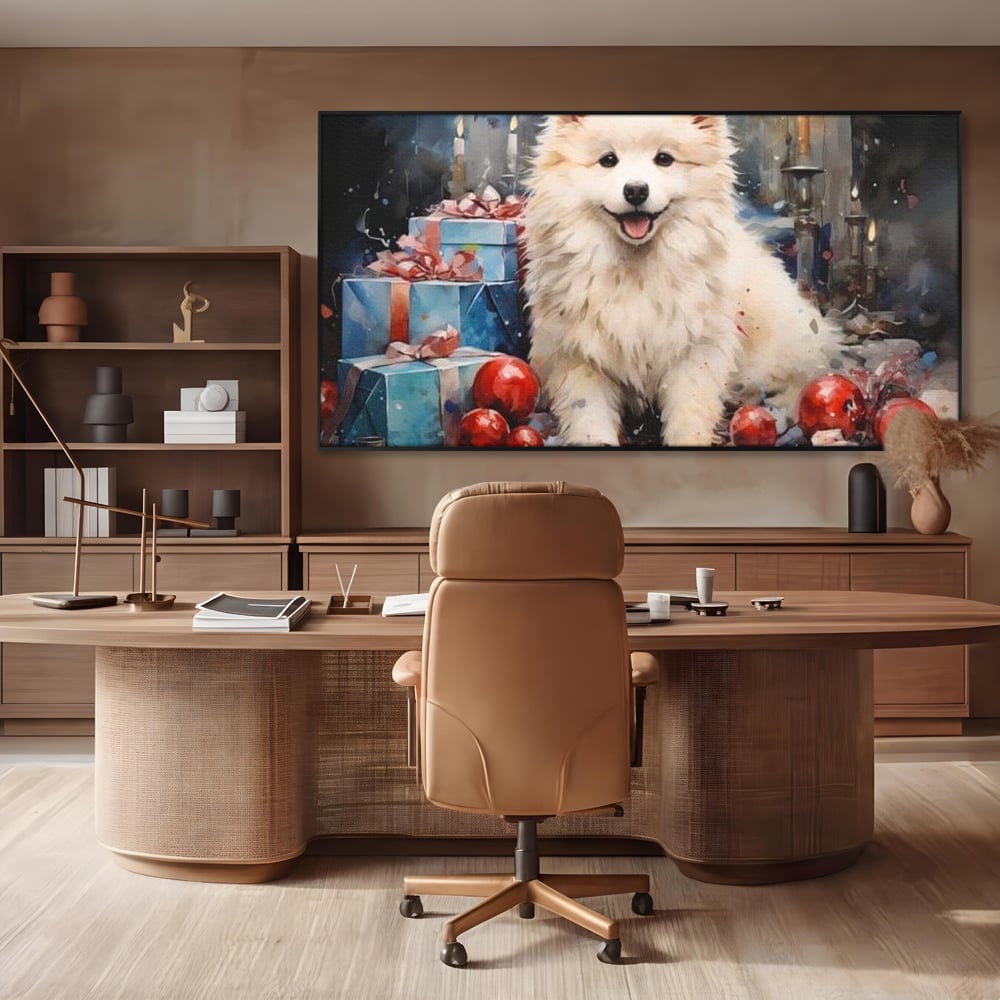 Tablou canvas cu tablou canvas cu catel samoyed, in rama de aluminiu negru, pe perete intr-un birou
