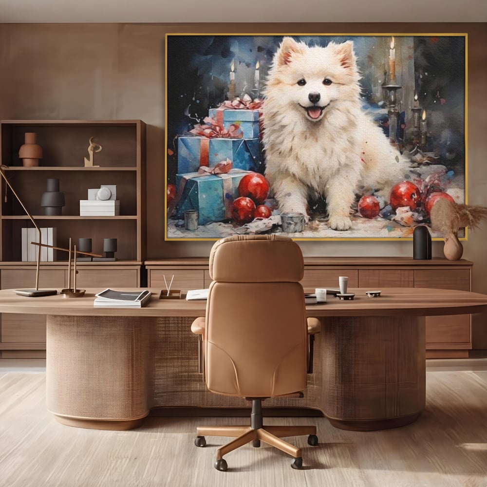 Tablou canvas cu tablou canvas cu catel samoyed, in rama de aluminiu auriu, pe perete intr-un birou