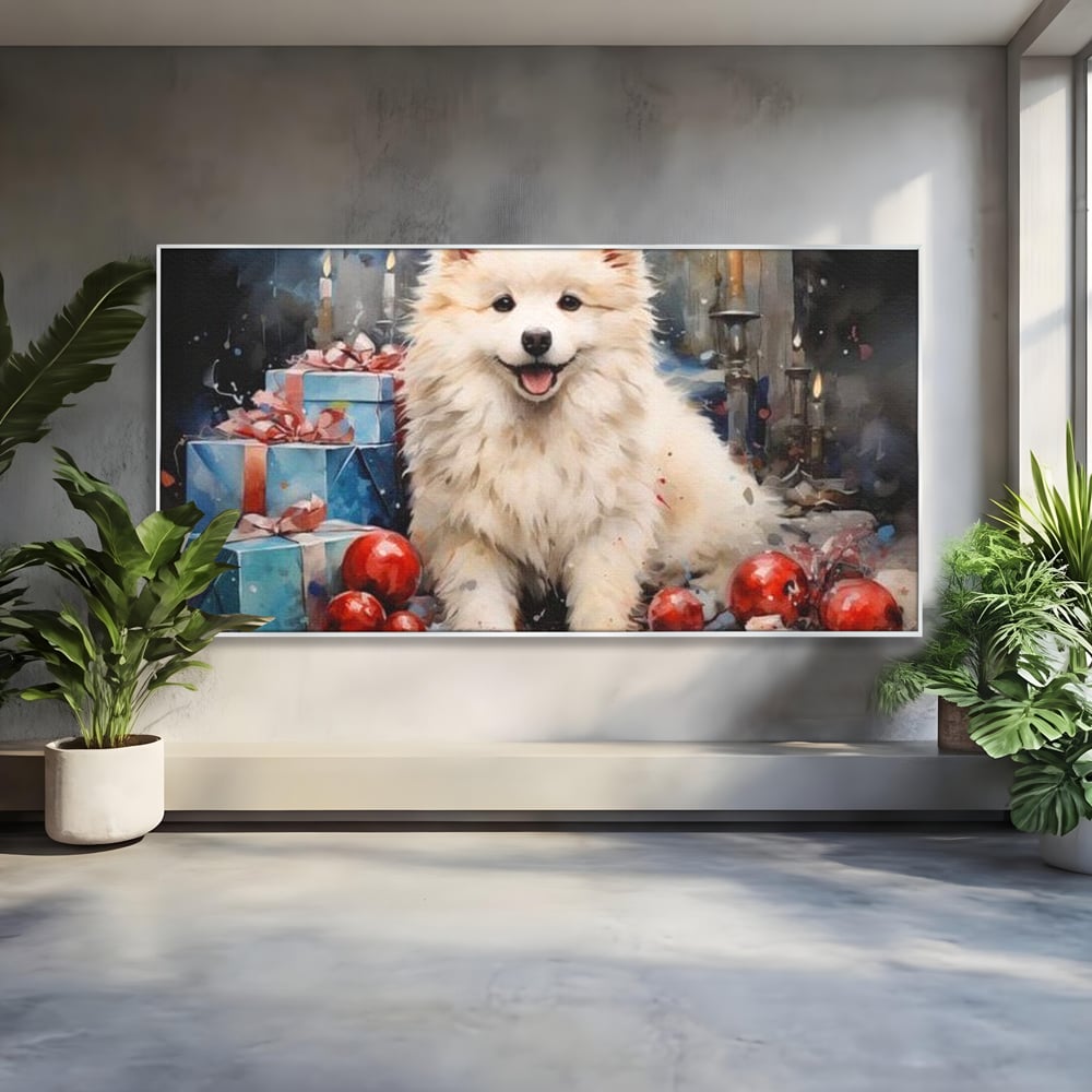 Tablou canvas cu tablou canvas cu catel samoyed, in rama de aluminiu argintiu
