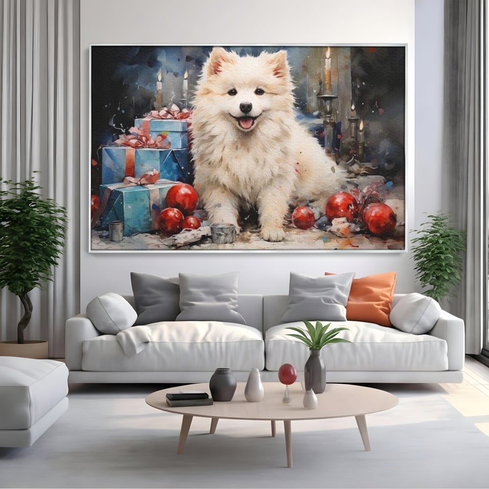 Tablou canvas cu tablou canvas cu catel samoyed, in rama de aluminiu argintiu, pe perete intr-un living