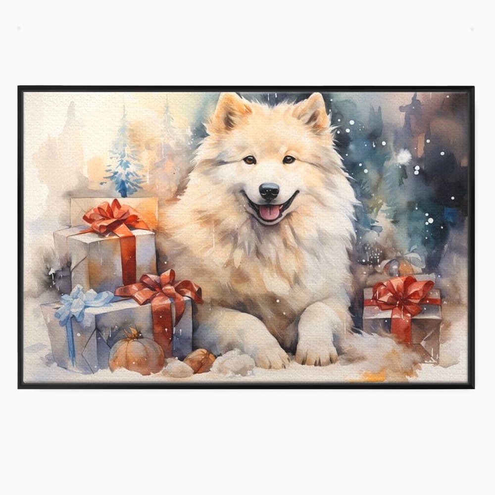 Tablou canvas cu tablou cu caine samoyed si cadouri de craciun, in rama de aluminiu negru