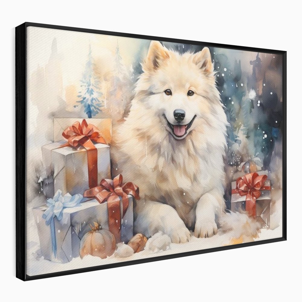 Tablou canvas cu tablou cu caine samoyed si cadouri de craciun, in rama de aluminiu negru