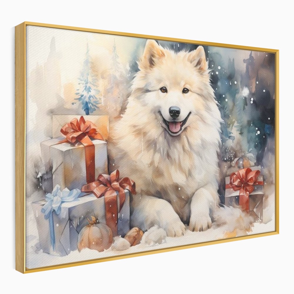 Tablou canvas cu tablou cu caine samoyed si cadouri de craciun, in rama de aluminiu auriu