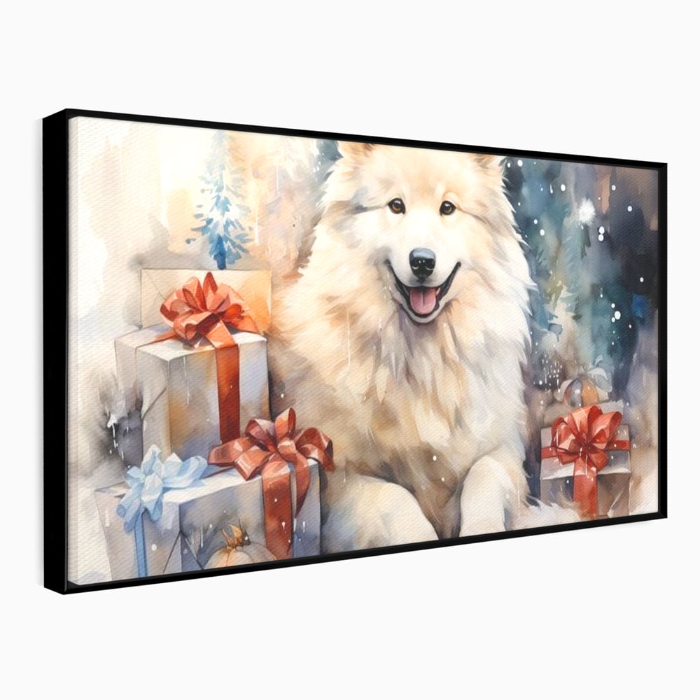 Tablou canvas cu tablou cu caine samoyed si cadouri de craciun, in rama de aluminiu negru