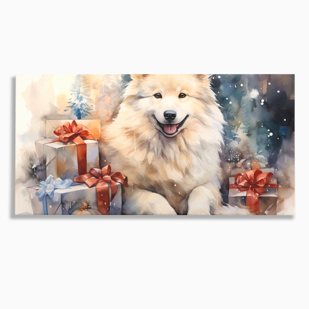 Tablou canvas cu tablou cu caine samoyed si cadouri de craciun, fara rama, pe sasiu de lemn