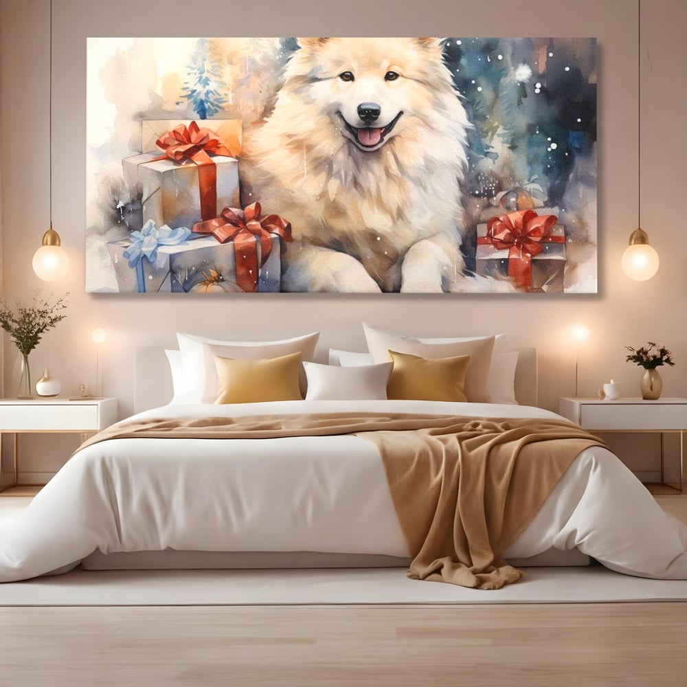 Tablou canvas cu tablou cu caine samoyed si cadouri de craciun, fara rama, pe sasiu de lemn, pe perete intr-un dormitor