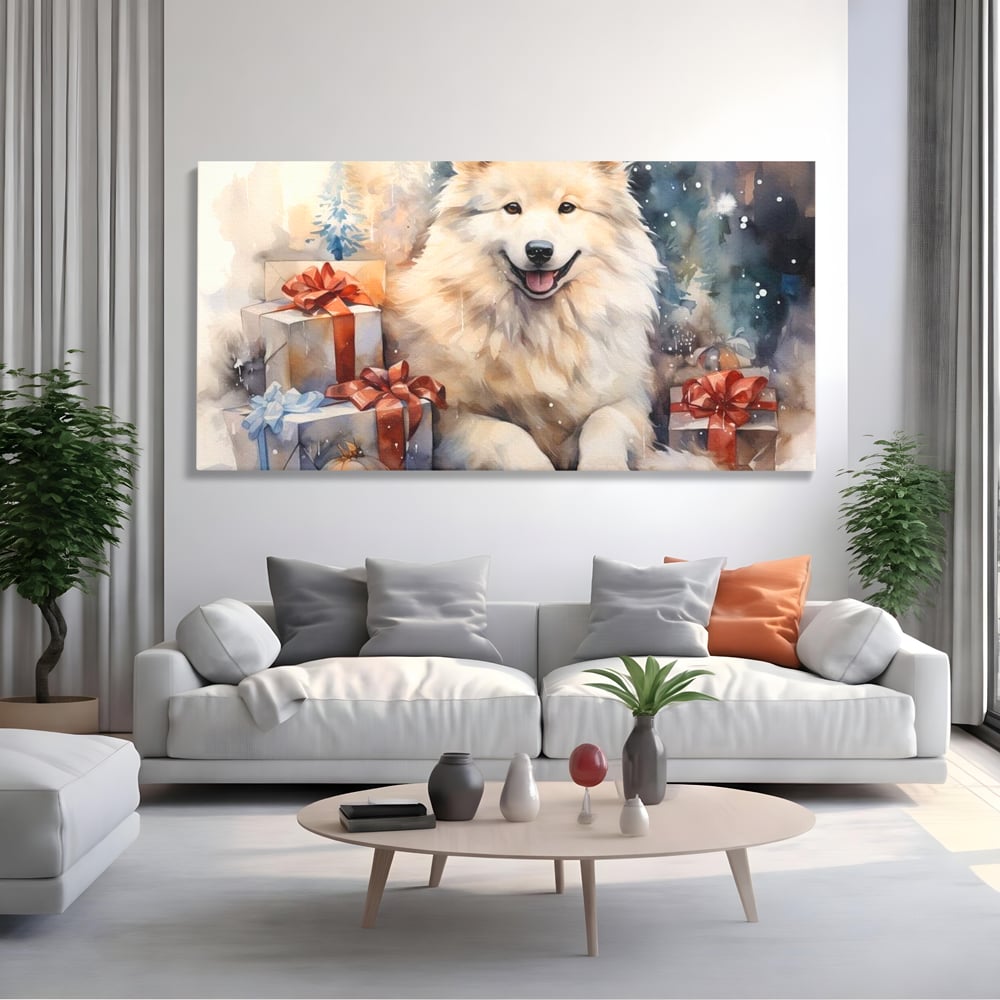 Tablou canvas cu tablou cu caine samoyed si cadouri de craciun, fara rama, pe sasiu de lemn, pe perete intr-un living