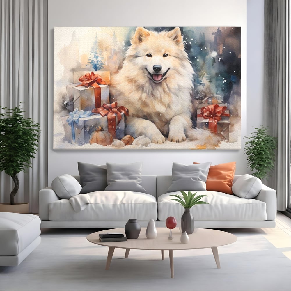 Tablou canvas cu tablou cu caine samoyed si cadouri de craciun, fara rama, pe sasiu de lemn, pe perete intr-un living