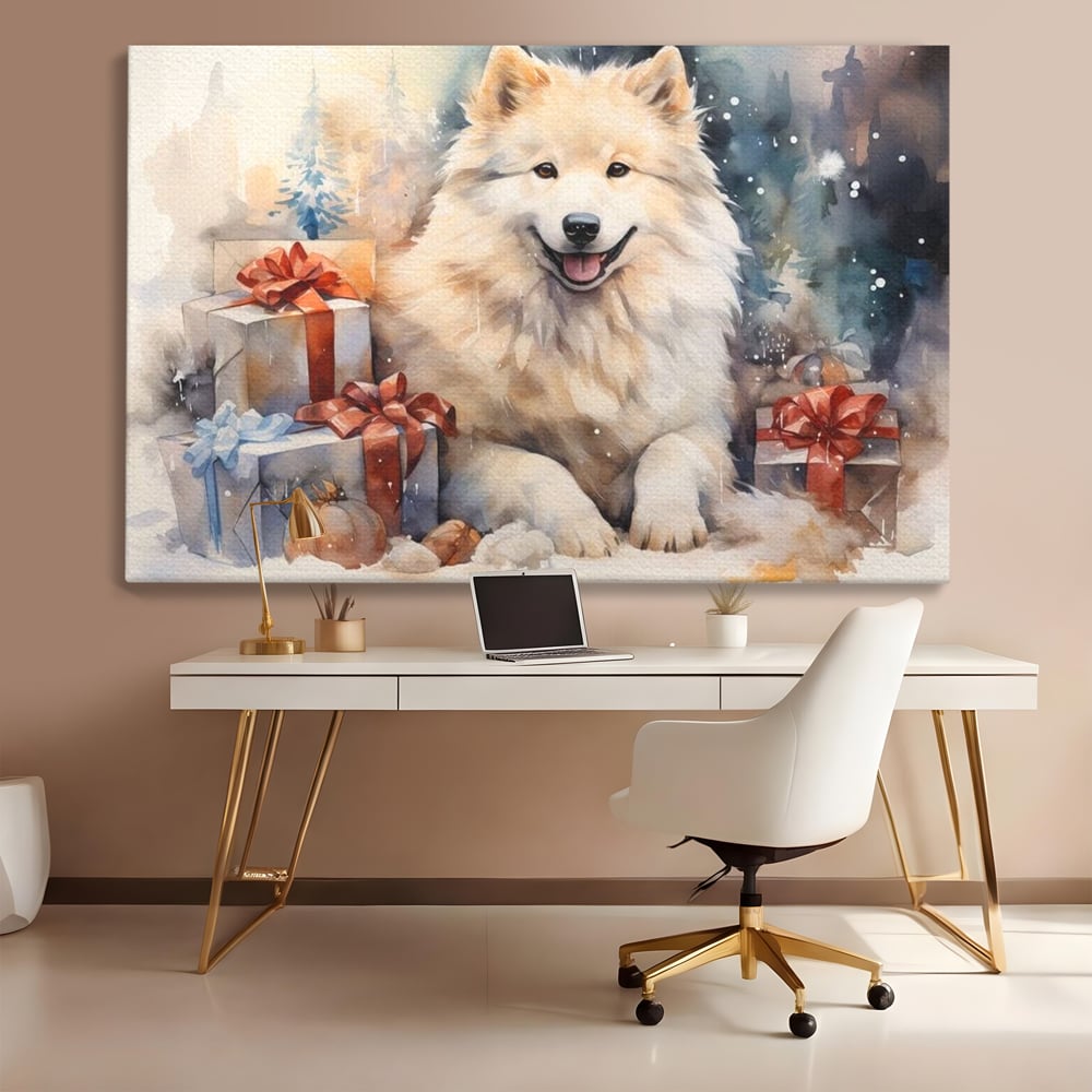 Tablou canvas cu tablou cu caine samoyed si cadouri de craciun, fara rama, pe sasiu de lemn, pe perete intr-un birou