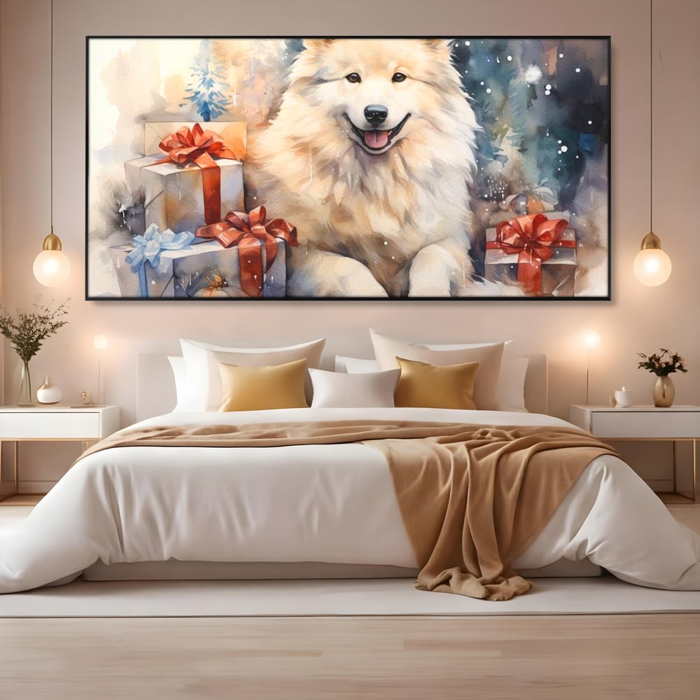 Tablou canvas cu tablou cu caine samoyed si cadouri de craciun, in rama de aluminiu negru, pe perete intr-un dormitor