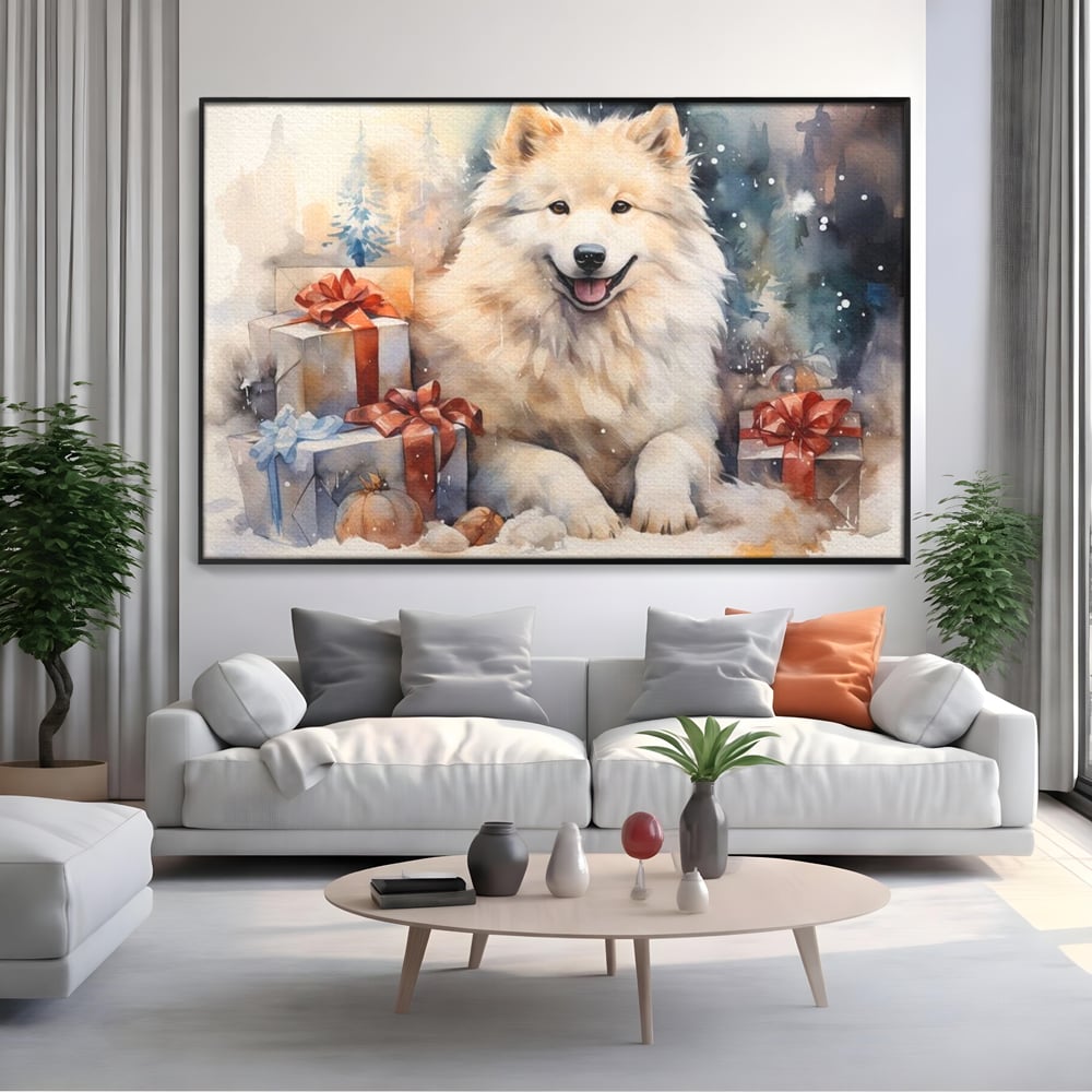 Tablou canvas cu tablou cu caine samoyed si cadouri de craciun, in rama de aluminiu negru, pe perete intr-un living