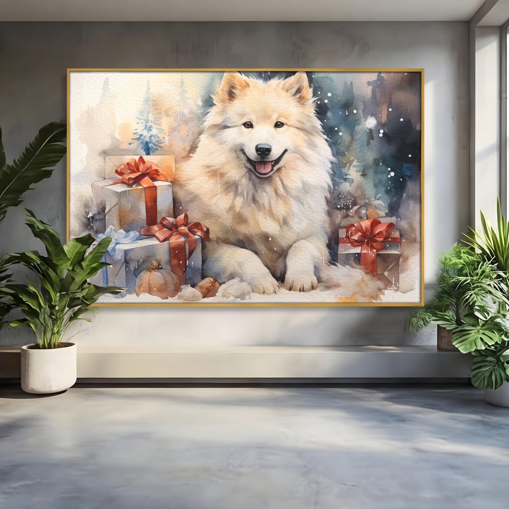 Tablou canvas cu tablou cu caine samoyed si cadouri de craciun, in rama de aluminiu auriu