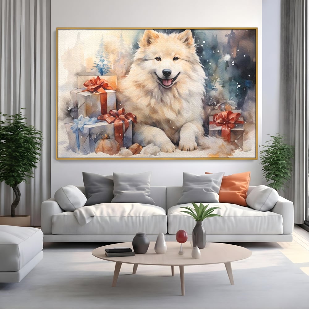 Tablou canvas cu tablou cu caine samoyed si cadouri de craciun, in rama de aluminiu auriu, pe perete intr-un living