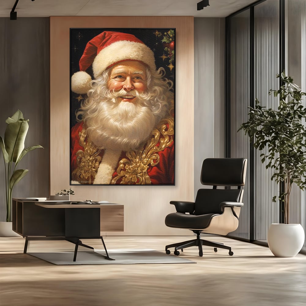Tablou canvas cu tablou canvas cu portretul lui mos craciun, in rama de aluminiu negru, pe perete intr-un birou