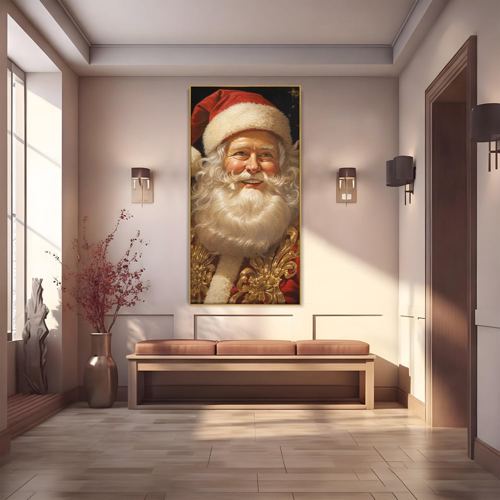 Tablou canvas cu tablou canvas cu portretul lui mos craciun, in rama de aluminiu auriu