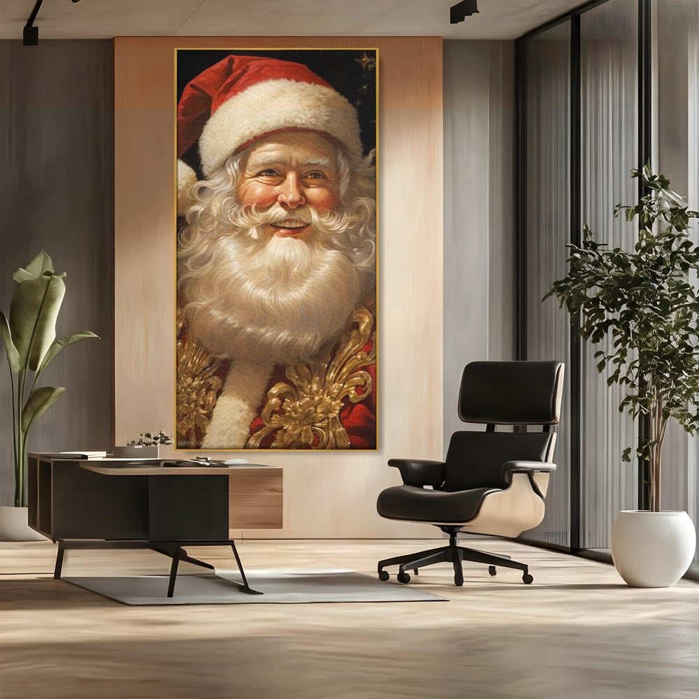 Tablou canvas cu tablou canvas cu portretul lui mos craciun, in rama de aluminiu auriu, pe perete intr-un birou