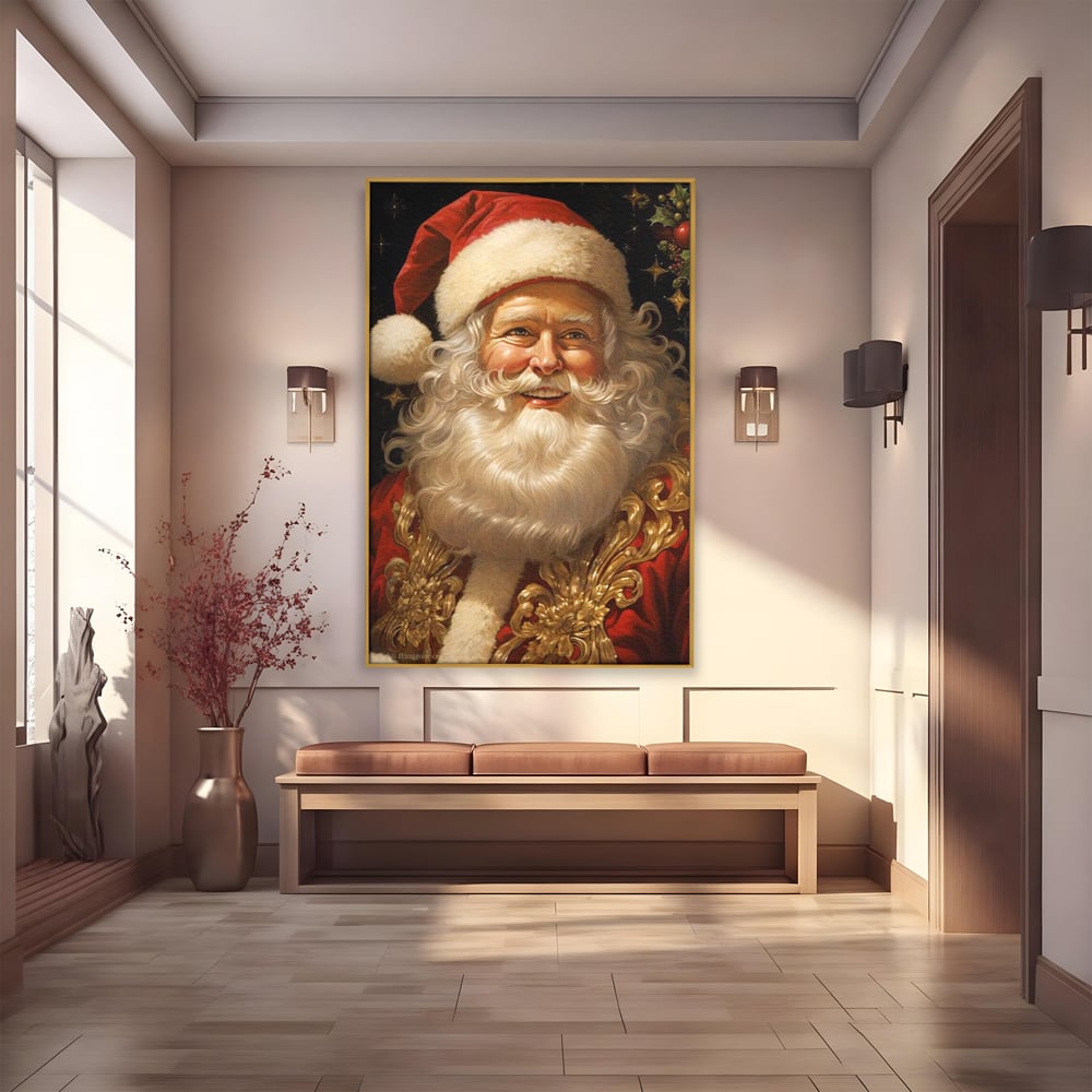 Tablou canvas cu tablou canvas cu portretul lui mos craciun, in rama de aluminiu auriu