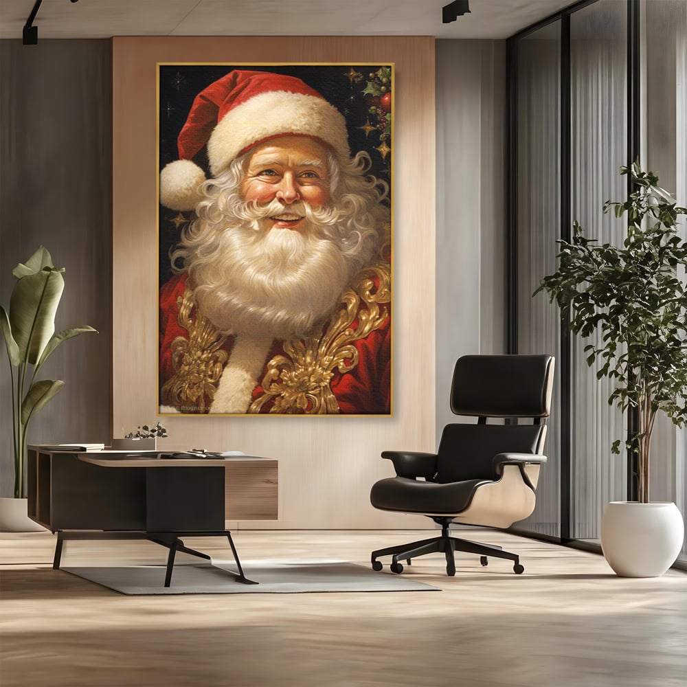 Tablou canvas cu tablou canvas cu portretul lui mos craciun, in rama de aluminiu auriu, pe perete intr-un birou