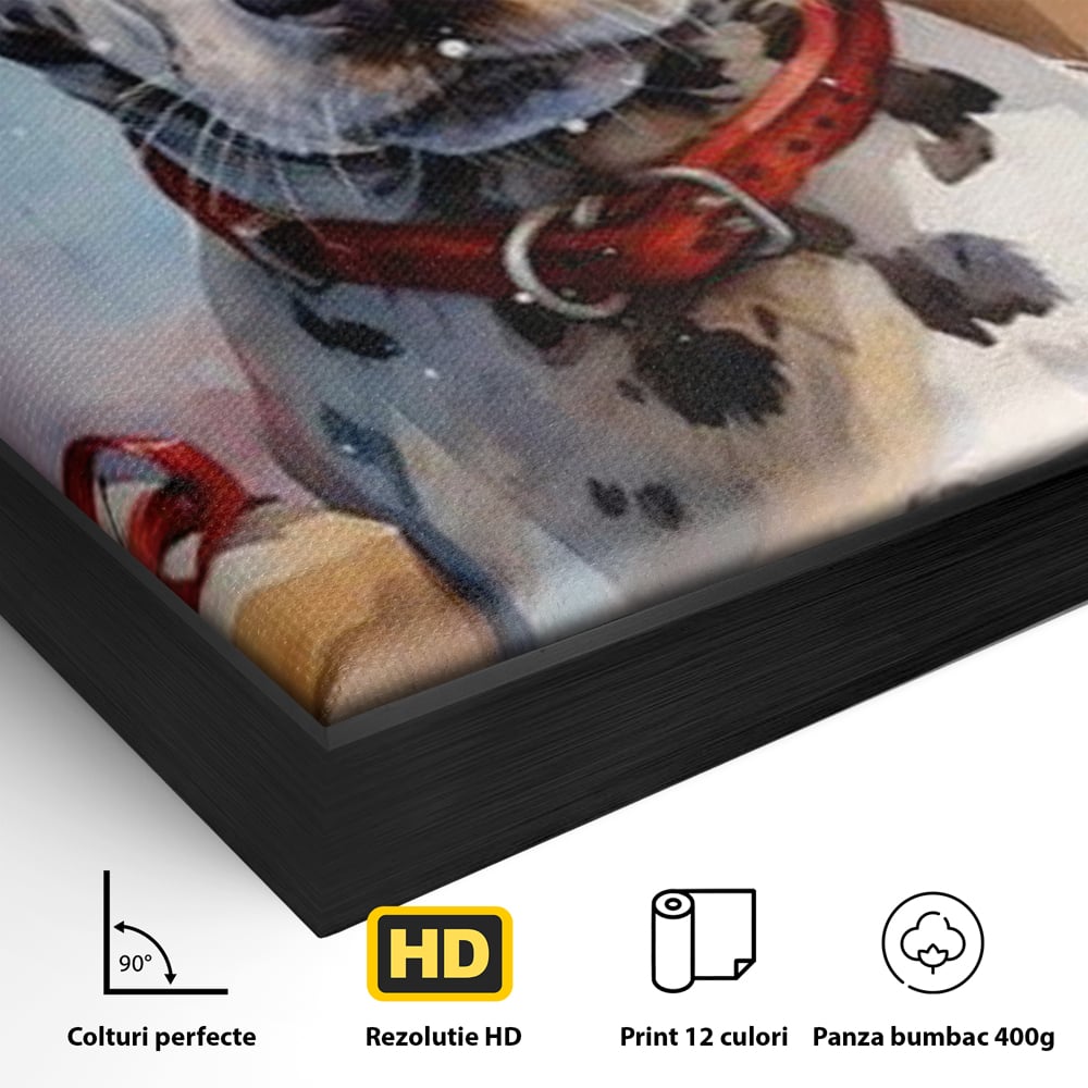 Detaliu al suprafetei: tablou canvas cu dalmatian festv, in rama de aluminiu negru