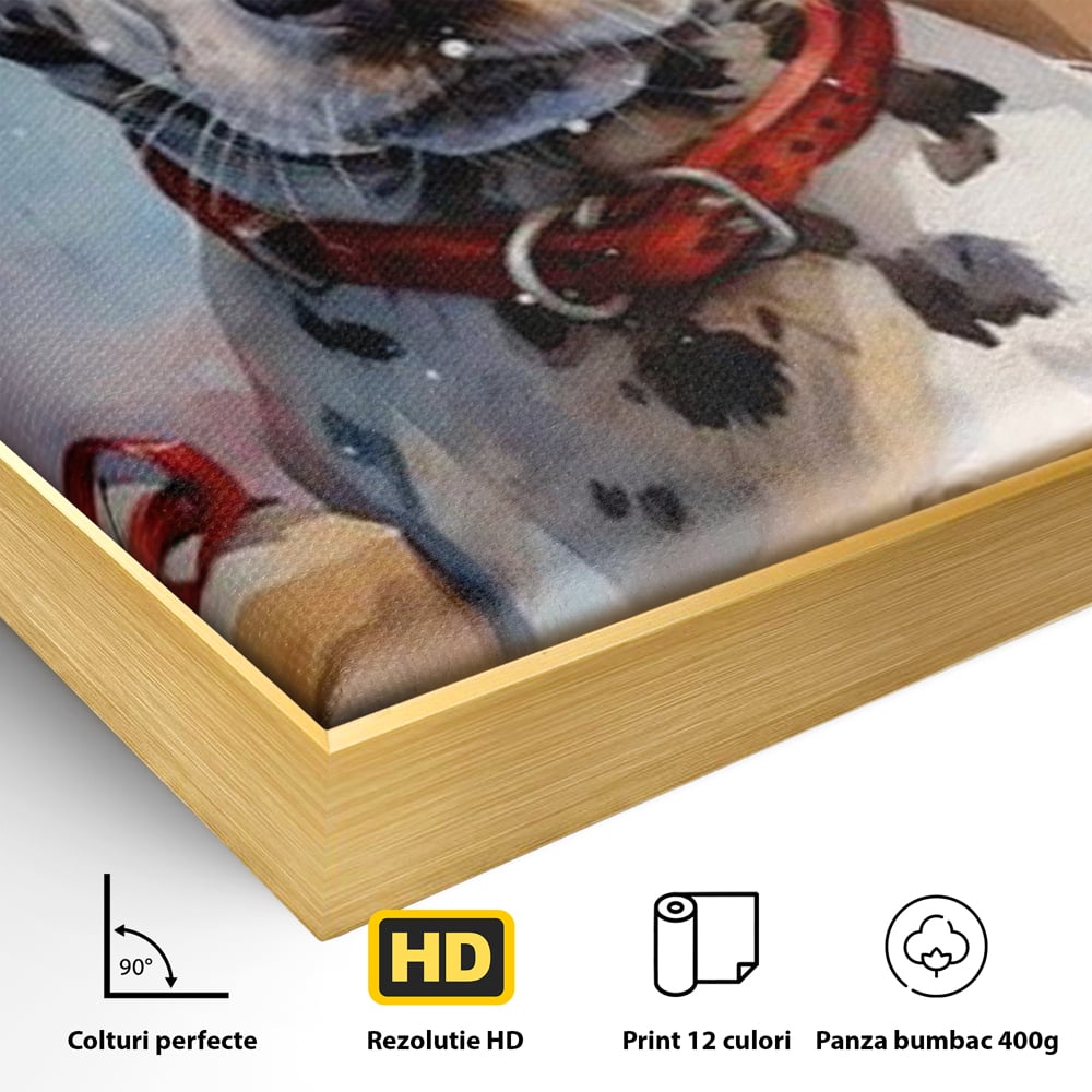 Detaliu al suprafetei: tablou canvas cu dalmatian festv, in rama de aluminiu auriu