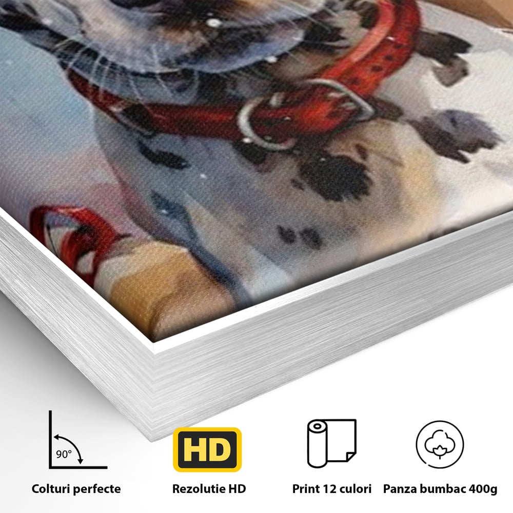 Detaliu al suprafetei: tablou canvas cu dalmatian festv, in rama de aluminiu argintiu