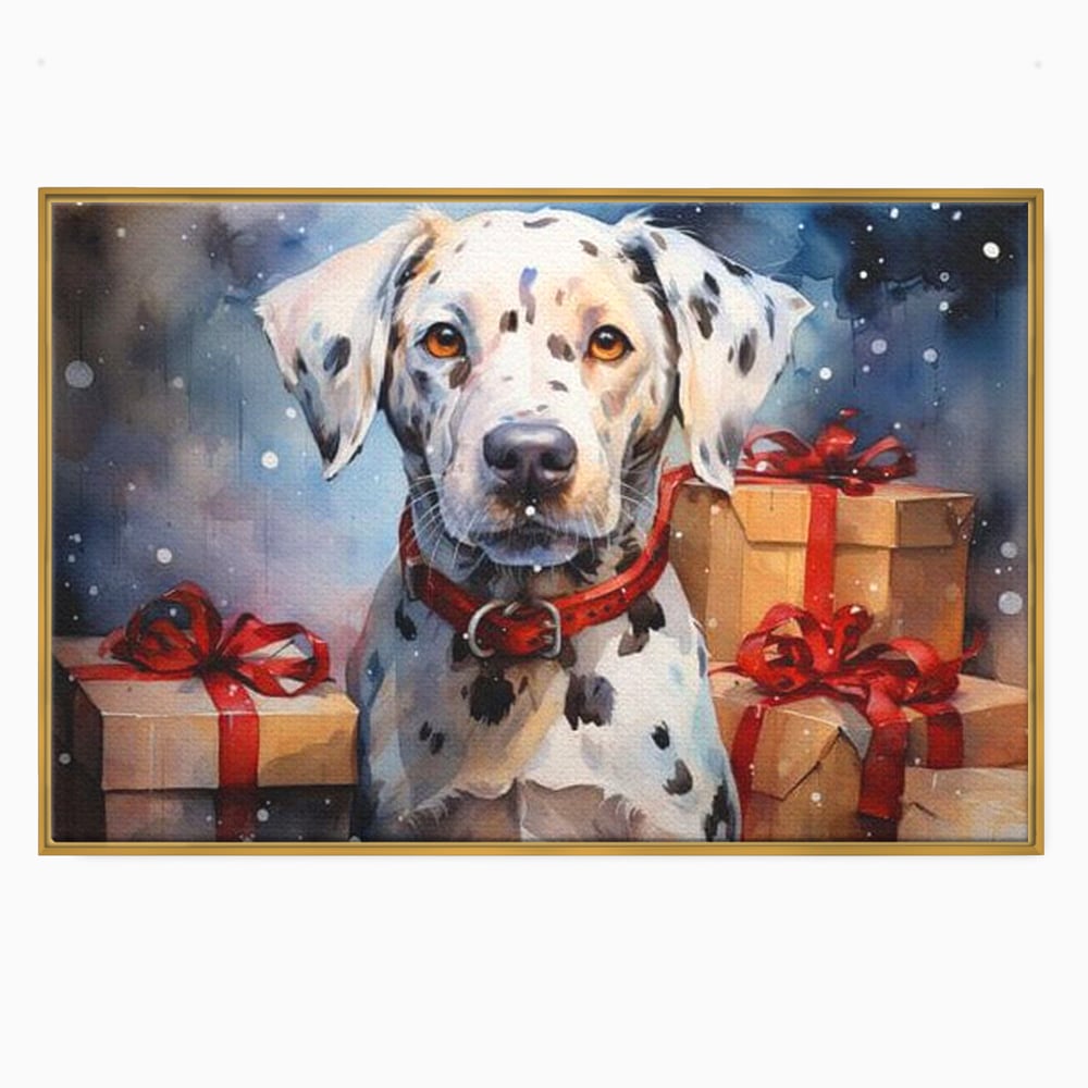 Tablou canvas cu tablou canvas cu dalmatian festv, in rama de aluminiu auriu