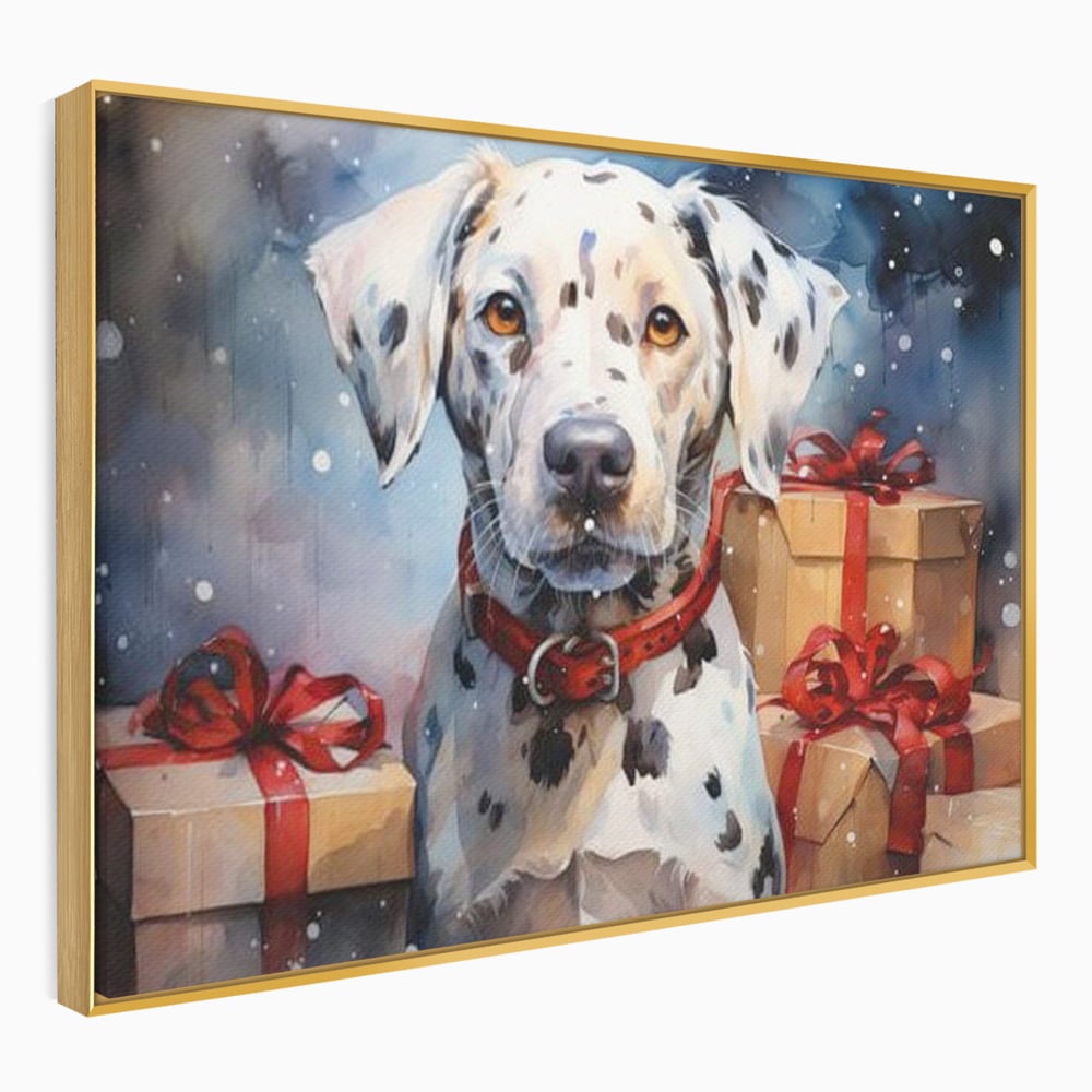 Tablou canvas cu tablou canvas cu dalmatian festv, in rama de aluminiu auriu