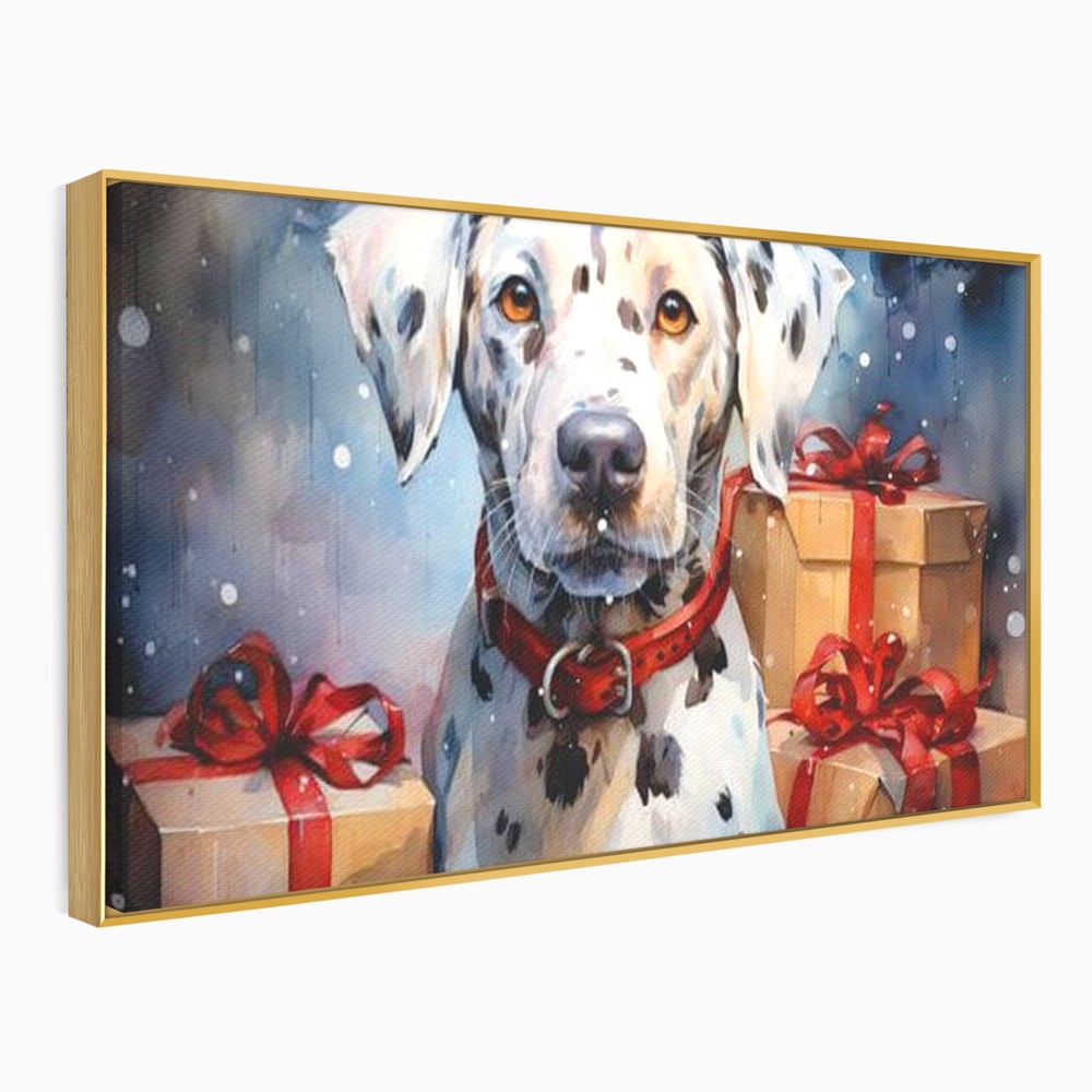 Tablou canvas cu tablou canvas cu dalmatian festv, in rama de aluminiu auriu