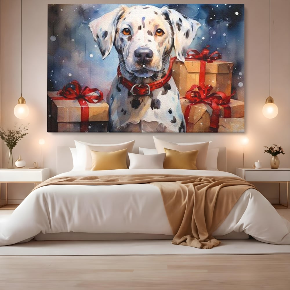 Tablou canvas cu tablou canvas cu dalmatian festv, fara rama, pe sasiu de lemn, pe perete intr-un dormitor