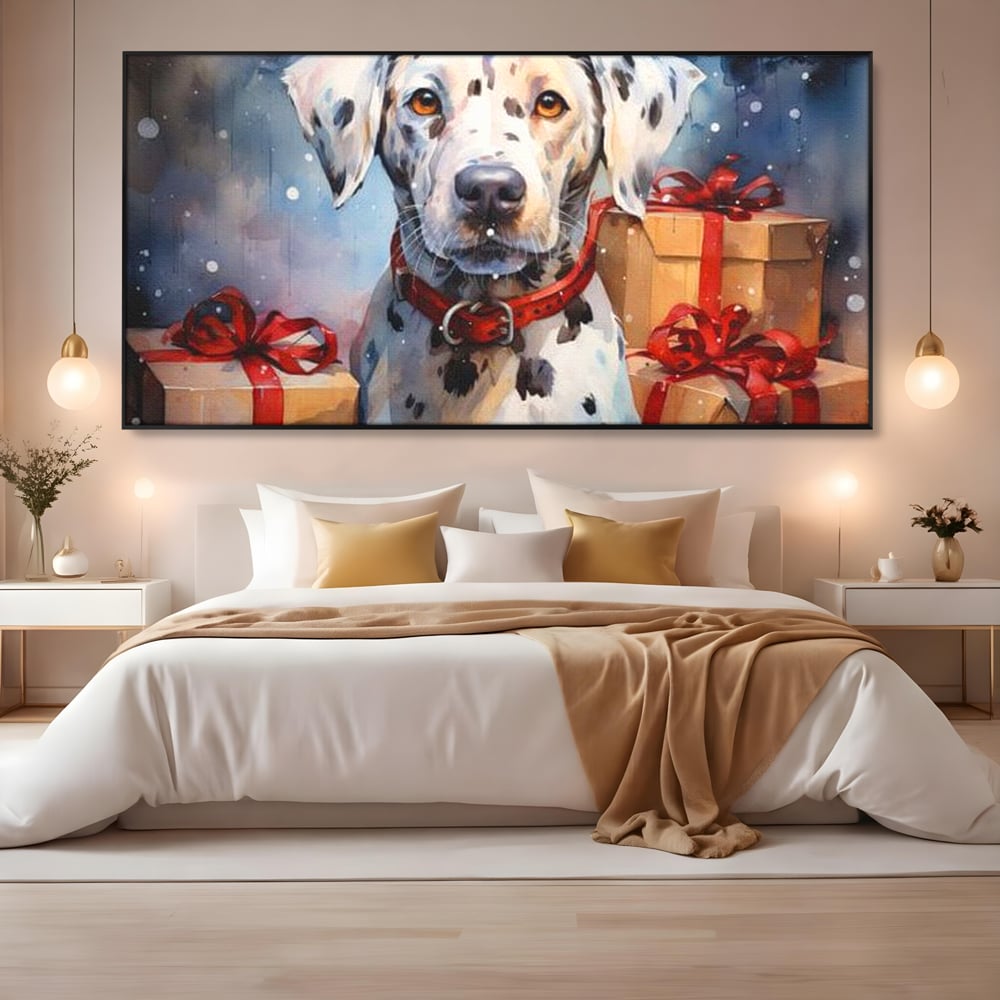 Tablou canvas cu tablou canvas cu dalmatian festv, in rama de aluminiu negru, pe perete intr-un dormitor