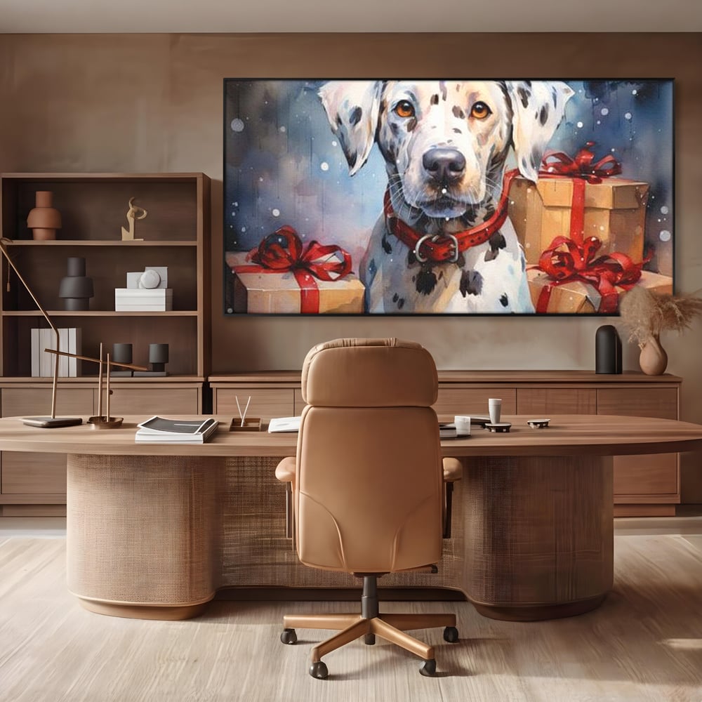 Tablou canvas cu tablou canvas cu dalmatian festv, in rama de aluminiu negru, pe perete intr-un birou