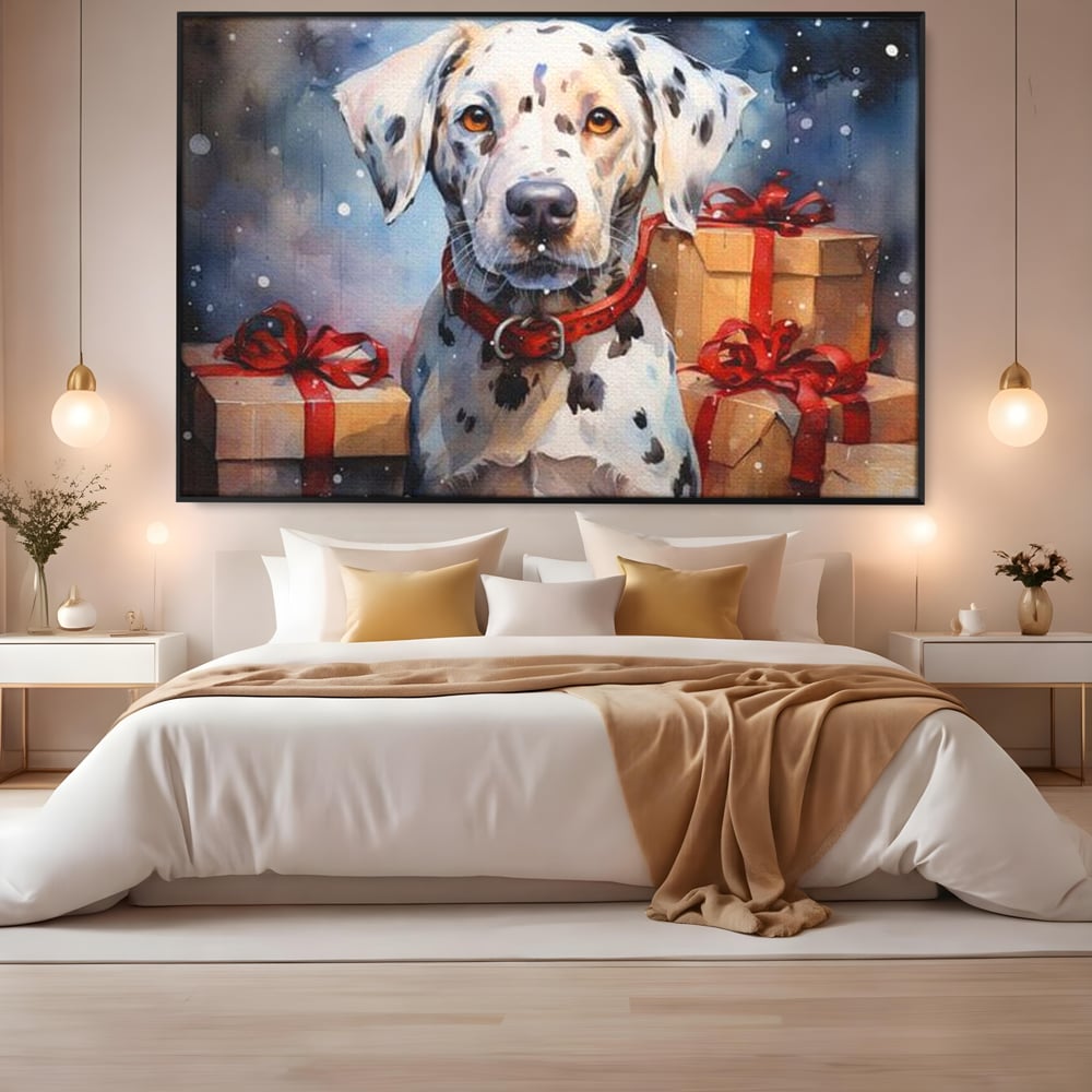 Tablou canvas cu tablou canvas cu dalmatian festv, in rama de aluminiu negru, pe perete intr-un dormitor