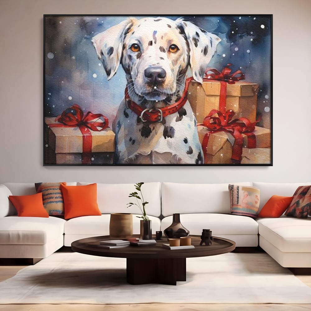 Tablou canvas cu tablou canvas cu dalmatian festv, in rama de aluminiu negru, pe perete intr-un living