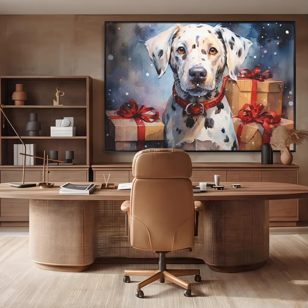 Tablou canvas cu tablou canvas cu dalmatian festv, in rama de aluminiu negru, pe perete intr-un birou