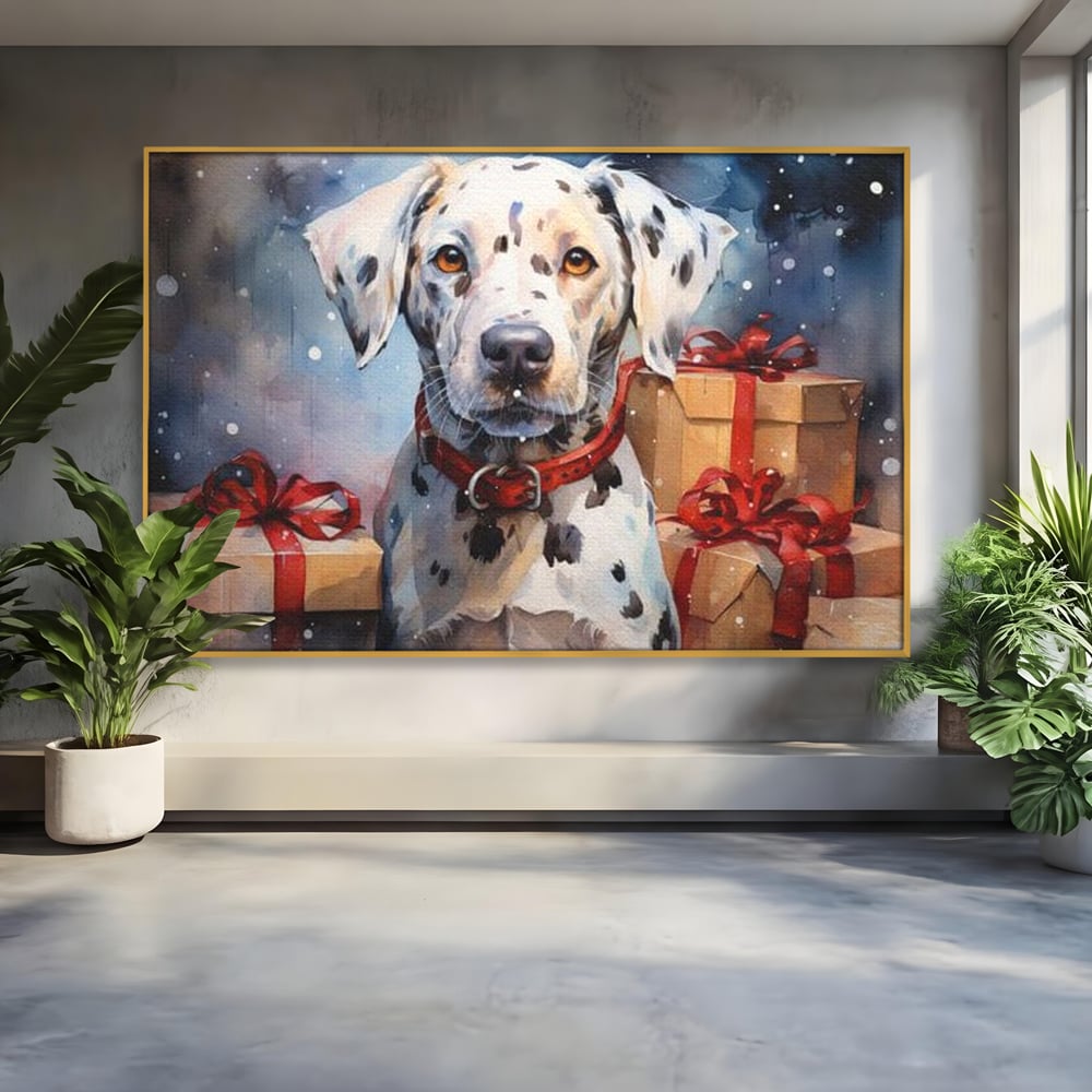 Tablou canvas cu tablou canvas cu dalmatian festv, in rama de aluminiu auriu