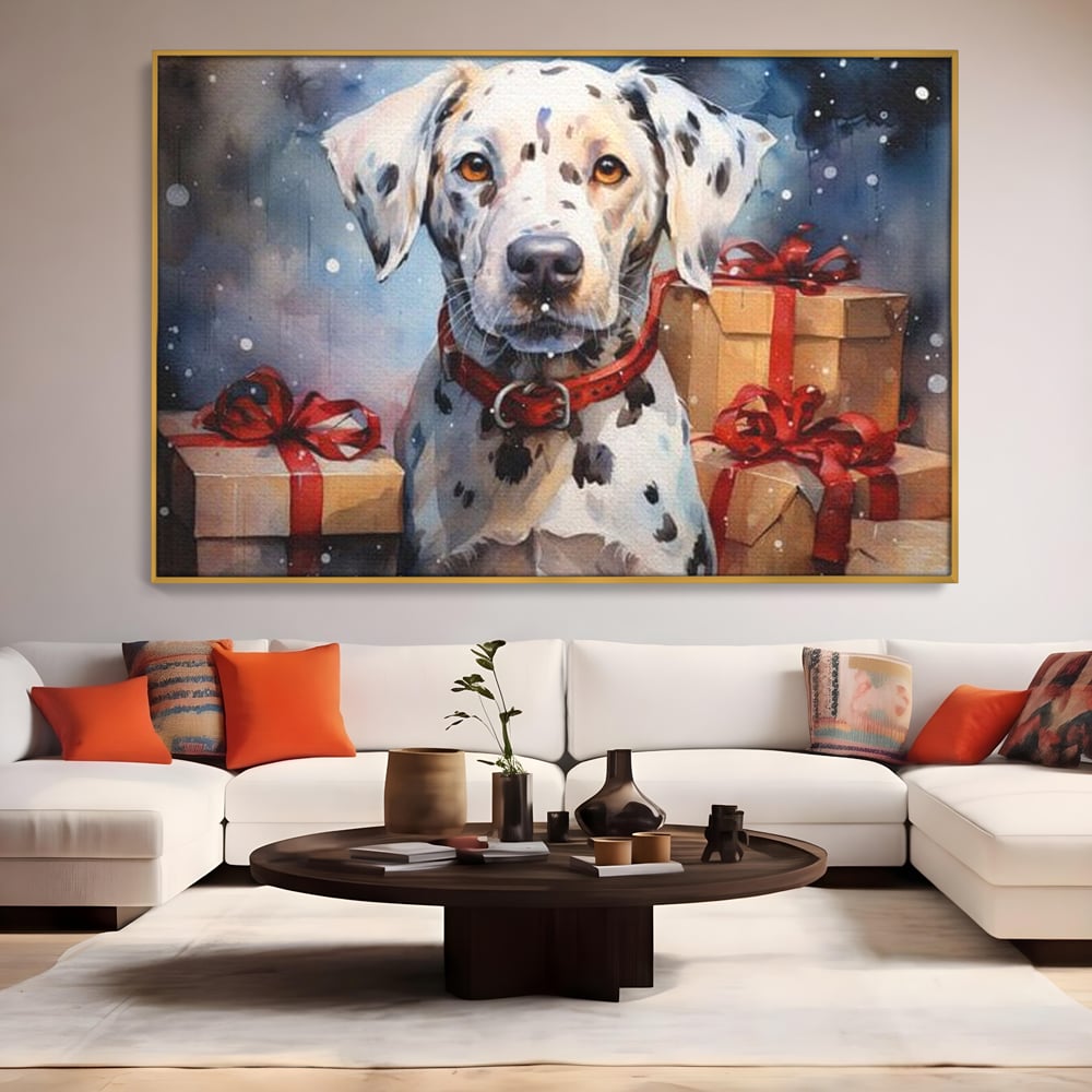 Tablou canvas cu tablou canvas cu dalmatian festv, in rama de aluminiu auriu, pe perete intr-un living