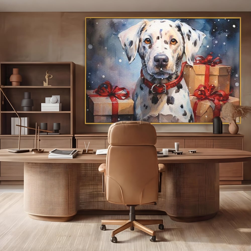 Tablou canvas cu tablou canvas cu dalmatian festv, in rama de aluminiu auriu, pe perete intr-un birou