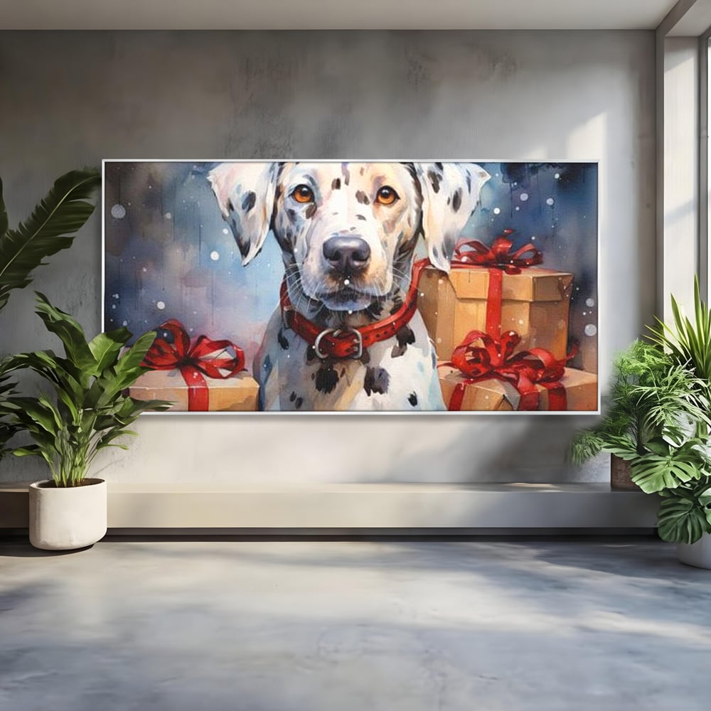 Tablou canvas cu tablou canvas cu dalmatian festv, in rama de aluminiu argintiu