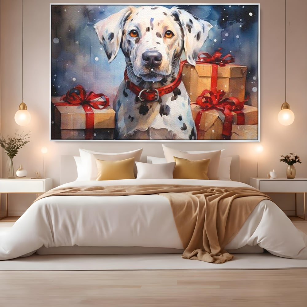 Tablou canvas cu tablou canvas cu dalmatian festv, in rama de aluminiu argintiu, pe perete intr-un dormitor