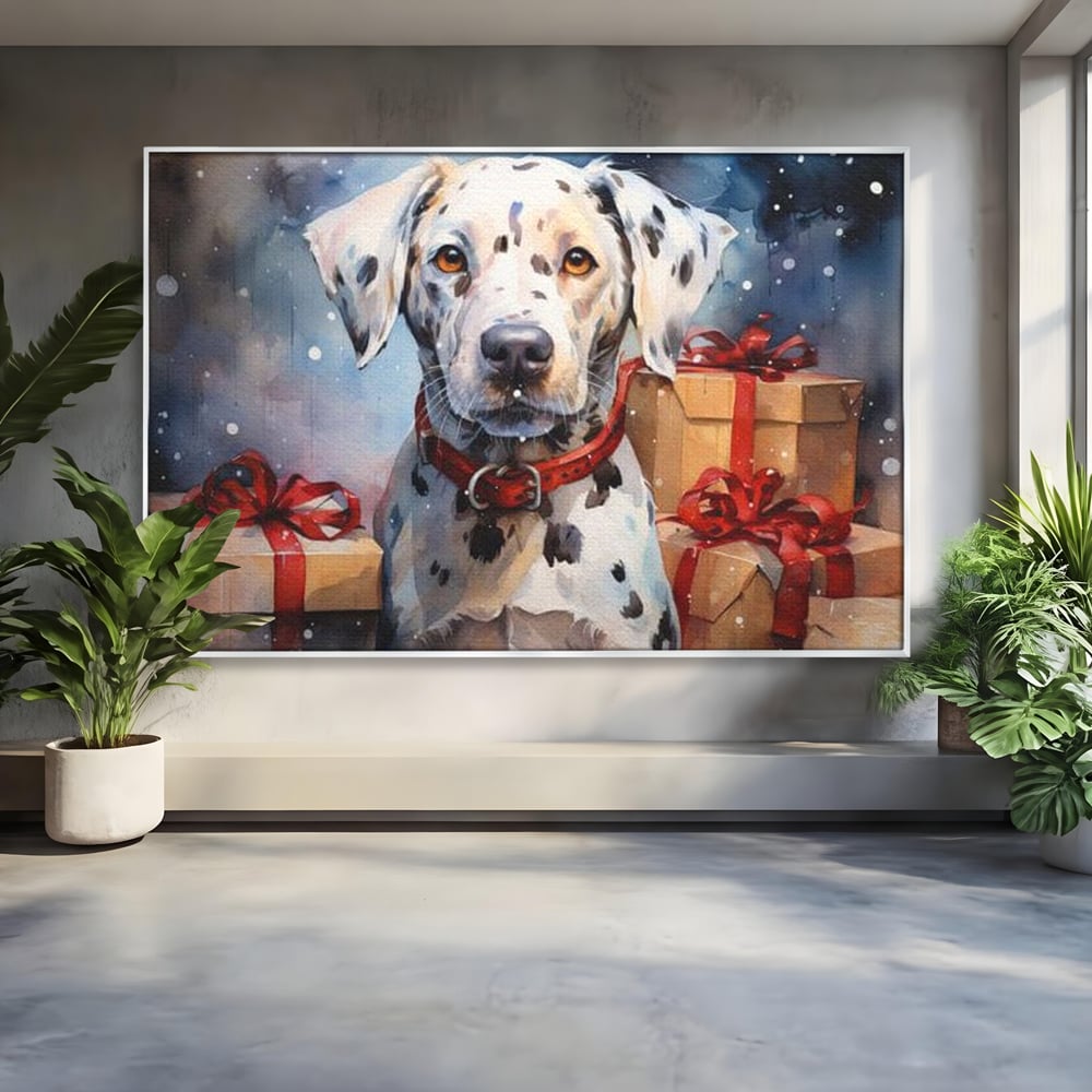 Tablou canvas cu tablou canvas cu dalmatian festv, in rama de aluminiu argintiu