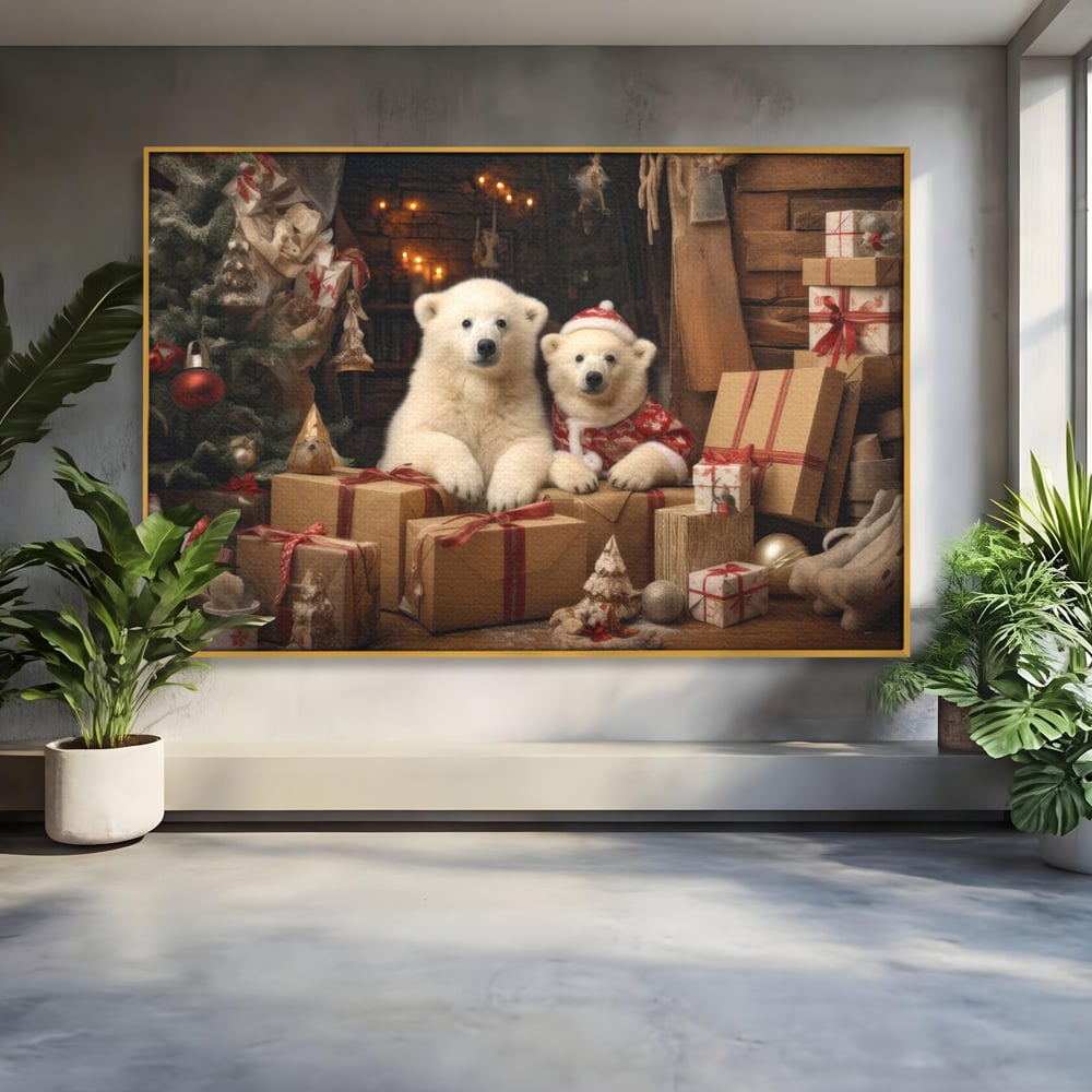 Tablou canvas cu doi ursuleti polari printre cadouri de craciun, in rama de aluminiu auriu