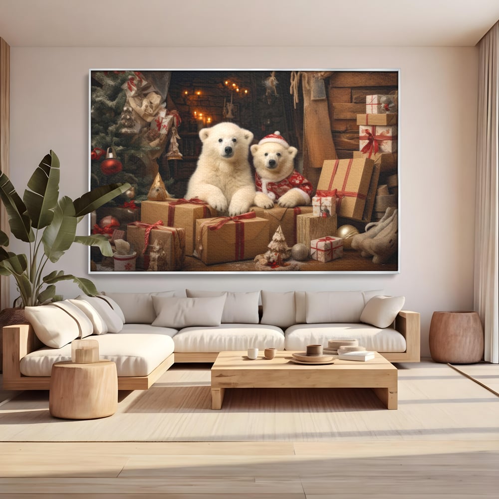 Tablou canvas cu doi ursuleti polari printre cadouri de craciun, in rama de aluminiu argintiu, pe perete intr-un living