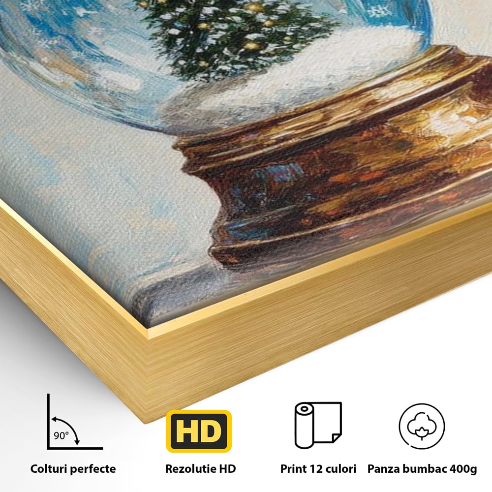 Detaliu al suprafetei: tablou canvas cu glob de craciun, in rama de aluminiu auriu