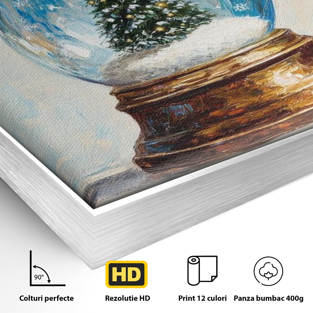 Detaliu al suprafetei: tablou canvas cu glob de craciun, in rama de aluminiu argintiu