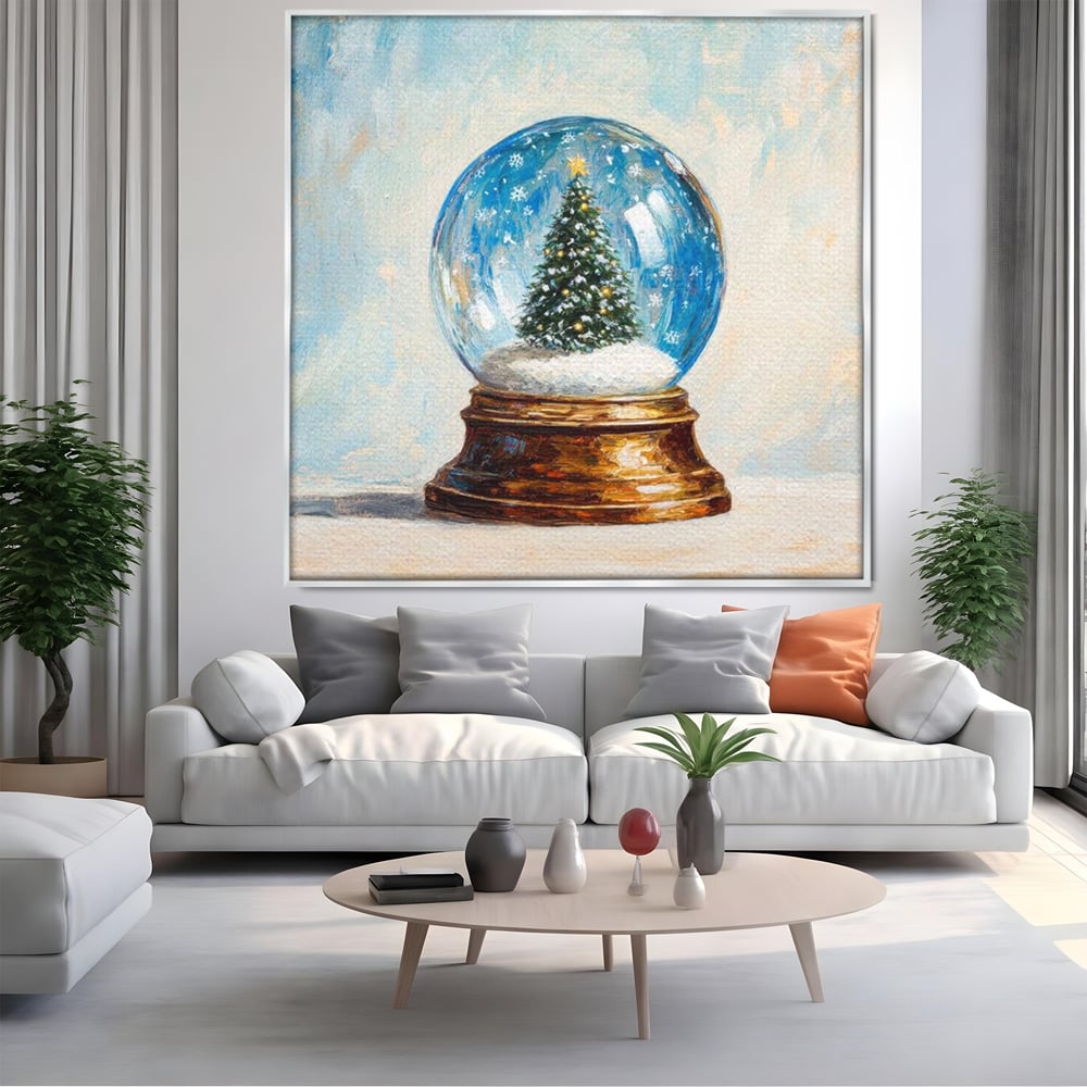 Tablou canvas cu tablou canvas cu glob de craciun, in rama de aluminiu argintiu, pe perete intr-un living